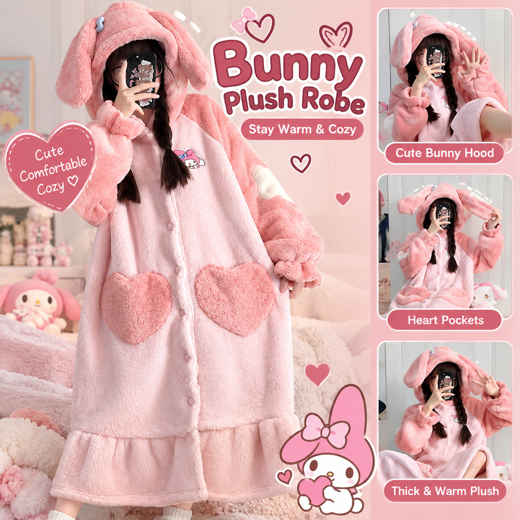 🐰 Pink Bunny Plush Hooded Blanket Robe