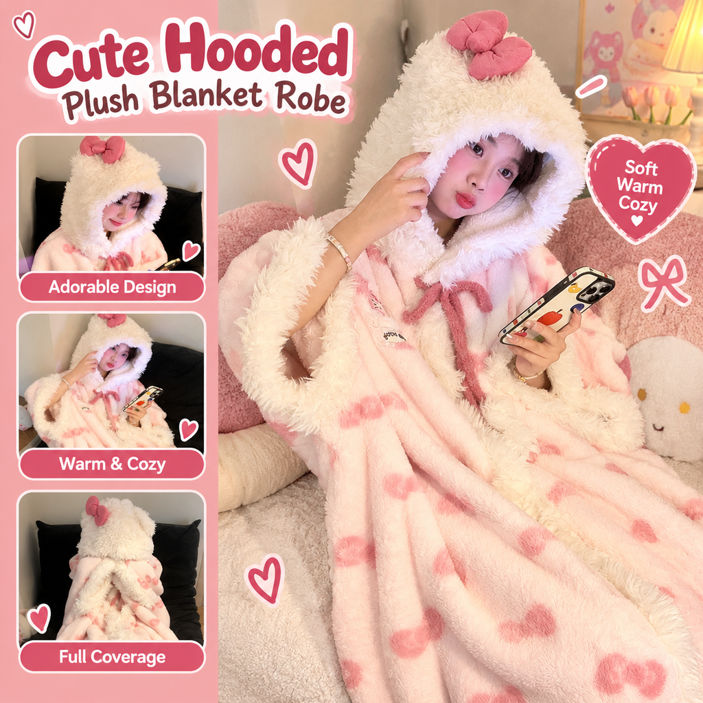 🎀 Cute Bow Hooded Plush Blanket Robe