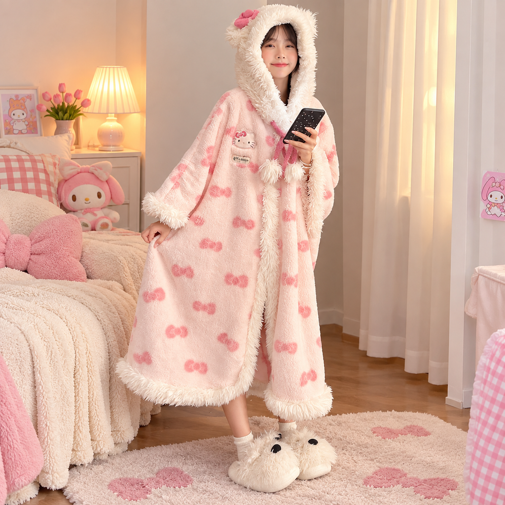 🎀 Cute Bow Hooded Plush Blanket Robe