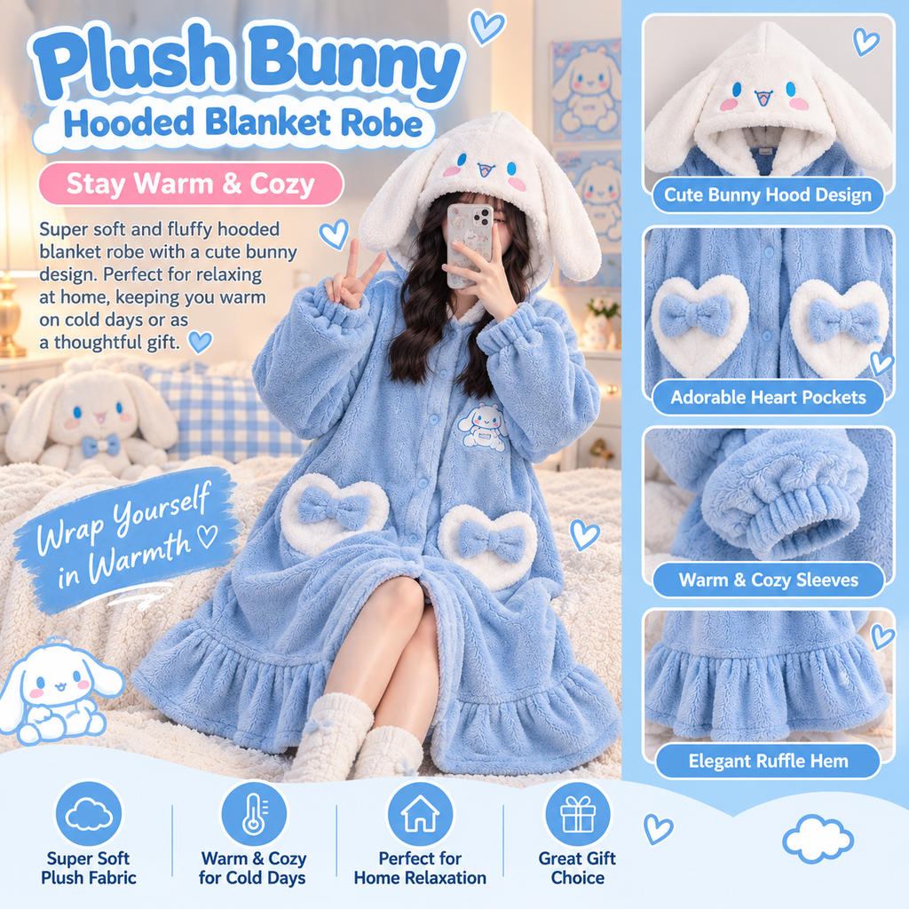 Plush Blue & White Bunny Hooded Blanket Robe – Super Soft & Cozy