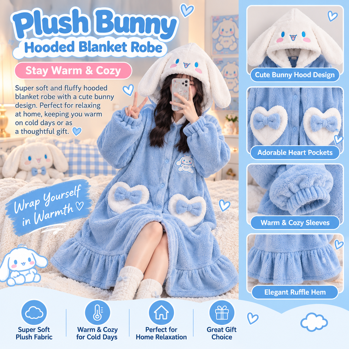 Plush Blue & White Bunny Hooded Blanket Robe – Super Soft & Cozy