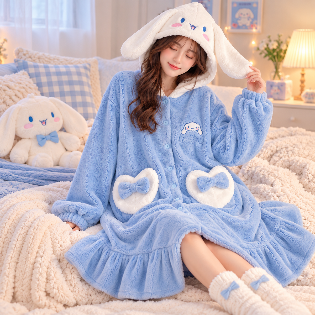 Plush Blue & White Bunny Hooded Blanket Robe – Super Soft & Cozy