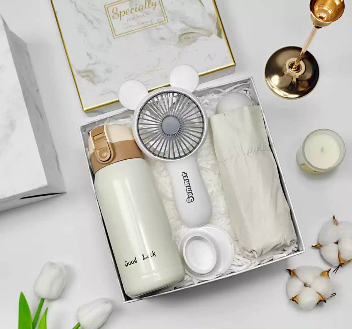 3-in-1 White Gift Set – Insulated Drink Bottle + Handheld Fan + Compact Umbrella